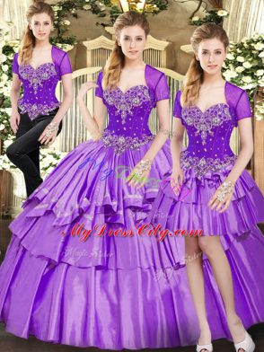 Floor Length Lavender Quinceanera Gowns Organza and Taffeta Sleeveless Beading and Ruffled Layers