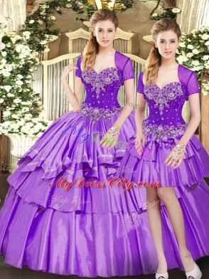 Floor Length Lavender Quinceanera Gowns Organza and Taffeta Sleeveless Beading and Ruffled Layers