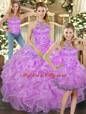 Lilac Three Pieces Tulle Halter Top Sleeveless Beading and Ruffles Floor Length Lace Up 15th Birthday Dress