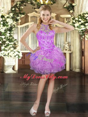 Lilac Three Pieces Tulle Halter Top Sleeveless Beading and Ruffles Floor Length Lace Up 15th Birthday Dress