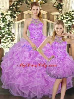 Lilac Three Pieces Tulle Halter Top Sleeveless Beading and Ruffles Floor Length Lace Up 15th Birthday Dress