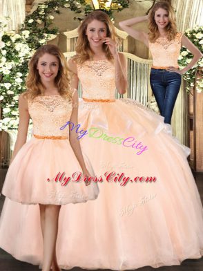 Peach Scoop Zipper Lace 15 Quinceanera Dress Sleeveless