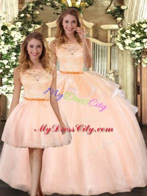 Peach Scoop Zipper Lace 15 Quinceanera Dress Sleeveless