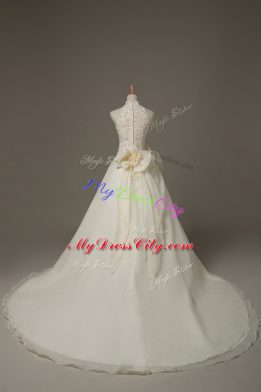 Edgy White Sleeveless Court Train Beading and Lace and Hand Made Flower Wedding Dress