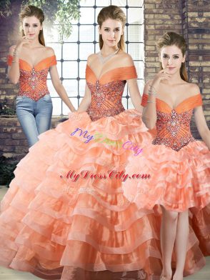 Peach Sleeveless Organza Brush Train Lace Up Quinceanera Dresses for Military Ball and Sweet 16 and Quinceanera