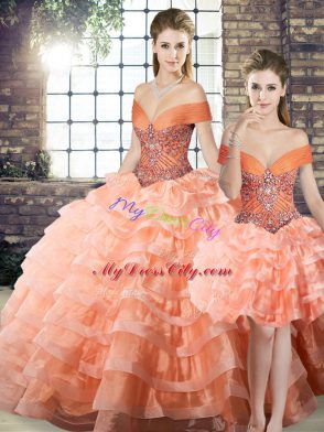 Peach Sleeveless Organza Brush Train Lace Up Quinceanera Dresses for Military Ball and Sweet 16 and Quinceanera