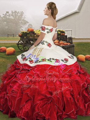 Simple Off The Shoulder Sleeveless Organza 15th Birthday Dress Embroidery and Ruffles Lace Up