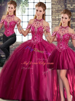 Brush Train Three Pieces Sweet 16 Dress Fuchsia Halter Top Tulle Sleeveless Lace Up