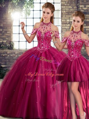 Brush Train Three Pieces Sweet 16 Dress Fuchsia Halter Top Tulle Sleeveless Lace Up