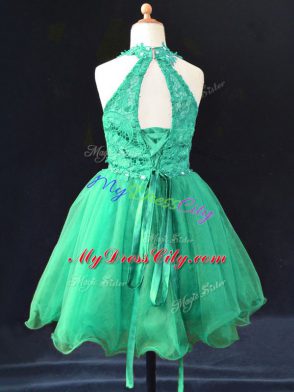 Halter Top Sleeveless Little Girls Pageant Gowns Mini Length Beading and Lace Green Organza