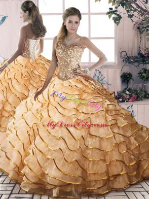 Superior Sweetheart Sleeveless Organza Quince Ball Gowns Beading and Ruffled Layers Brush Train Lace Up