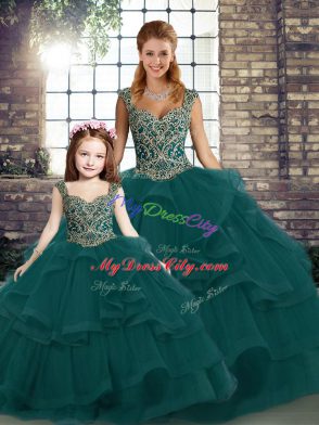 Deluxe Floor Length Ball Gowns Sleeveless Peacock Green Quince Ball Gowns Lace Up