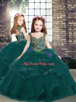 Deluxe Floor Length Ball Gowns Sleeveless Peacock Green Quince Ball Gowns Lace Up