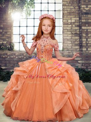 Floor Length Orange Little Girl Pageant Dress Organza Sleeveless Beading and Ruffles