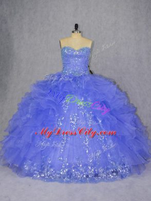 Flirting Purple Sleeveless Floor Length Appliques and Ruffles Lace Up Quince Ball Gowns