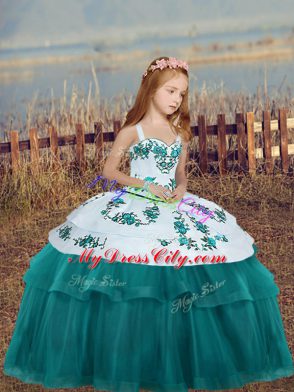 Teal Tulle Lace Up Pageant Dress Wholesale Sleeveless Floor Length Embroidery