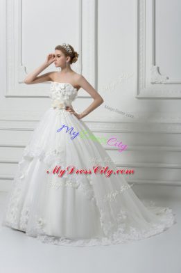 Sleeveless Brush Train Lace Up Lace and Appliques and Hand Made Flower Wedding Gown