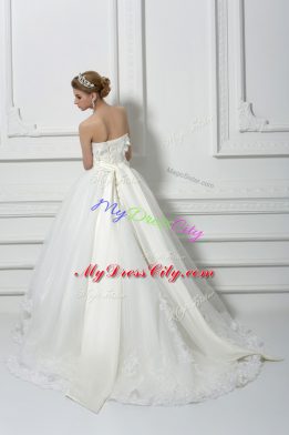 Sleeveless Brush Train Lace Up Lace and Appliques and Hand Made Flower Wedding Gown