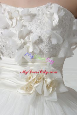 Sleeveless Brush Train Lace Up Lace and Appliques and Hand Made Flower Wedding Gown