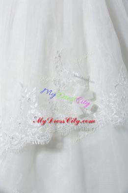 Sleeveless Brush Train Lace Up Lace and Appliques and Hand Made Flower Wedding Gown