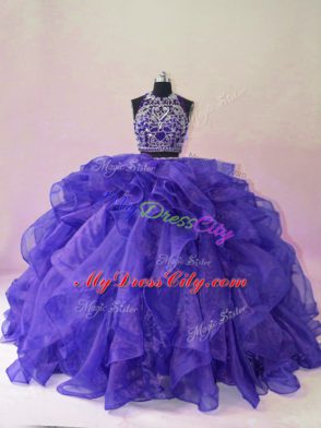 Purple Organza Backless Sweet 16 Dresses Sleeveless Brush Train Beading and Ruffles