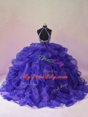 Purple Organza Backless Sweet 16 Dresses Sleeveless Brush Train Beading and Ruffles