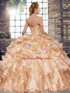 Flare Fuchsia Sweet 16 Dress Military Ball and Sweet 16 and Quinceanera with Beading and Ruffles Halter Top Sleeveless Lace Up