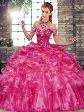 Flare Fuchsia Sweet 16 Dress Military Ball and Sweet 16 and Quinceanera with Beading and Ruffles Halter Top Sleeveless Lace Up