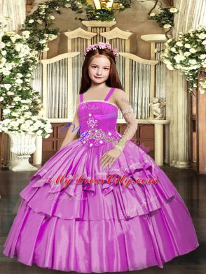Admirable Sleeveless Taffeta Floor Length Lace Up Child Pageant Dress in Lilac with Beading and Ruffled Layers