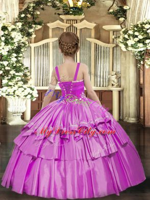 Admirable Sleeveless Taffeta Floor Length Lace Up Child Pageant Dress in Lilac with Beading and Ruffled Layers