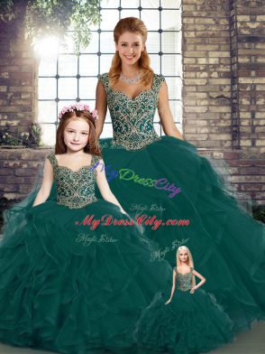 On Sale Sleeveless Floor Length Beading and Ruffles Lace Up Quinceanera Dress with Peacock Green