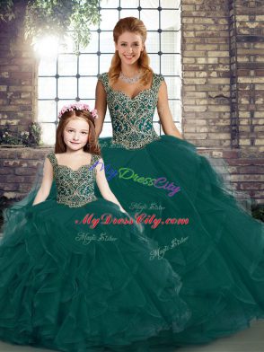 On Sale Sleeveless Floor Length Beading and Ruffles Lace Up Quinceanera Dress with Peacock Green