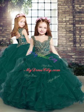 On Sale Sleeveless Floor Length Beading and Ruffles Lace Up Quinceanera Dress with Peacock Green