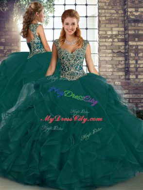 On Sale Sleeveless Floor Length Beading and Ruffles Lace Up Quinceanera Dress with Peacock Green