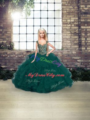 On Sale Sleeveless Floor Length Beading and Ruffles Lace Up Quinceanera Dress with Peacock Green