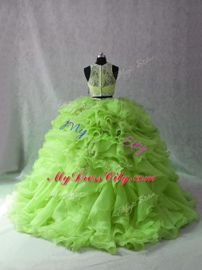 Sleeveless Beading and Ruffles Zipper Sweet 16 Quinceanera Dress with Brush Train