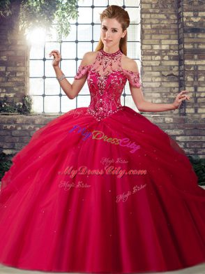 Dynamic Coral Red 15th Birthday Dress Military Ball and Sweet 16 and Quinceanera with Beading and Pick Ups Halter Top Sleeveless Brush Train Lace Up