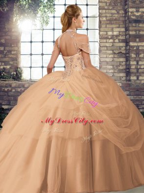 Dynamic Coral Red 15th Birthday Dress Military Ball and Sweet 16 and Quinceanera with Beading and Pick Ups Halter Top Sleeveless Brush Train Lace Up