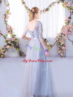 Flare Floor Length Grey Bridesmaids Dress V-neck Half Sleeves Lace Up