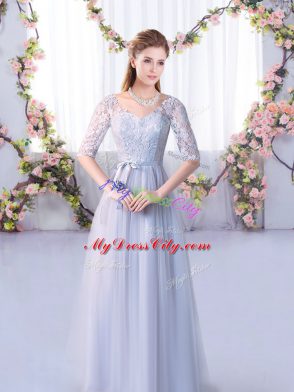 Flare Floor Length Grey Bridesmaids Dress V-neck Half Sleeves Lace Up