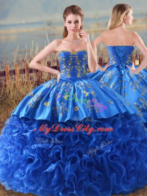 Sweet Royal Blue Sweetheart Lace Up Embroidery and Ruffles Quinceanera Gowns Brush Train Sleeveless