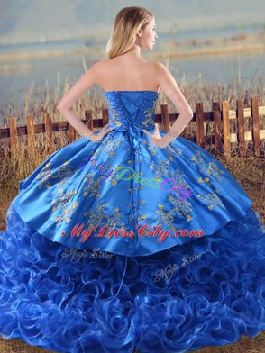 Sweet Royal Blue Sweetheart Lace Up Embroidery and Ruffles Quinceanera Gowns Brush Train Sleeveless