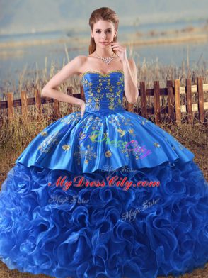 Sweet Royal Blue Sweetheart Lace Up Embroidery and Ruffles Quinceanera Gowns Brush Train Sleeveless