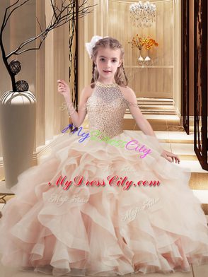 Pink Lace Up Pageant Gowns Beading Sleeveless Floor Length Brush Train