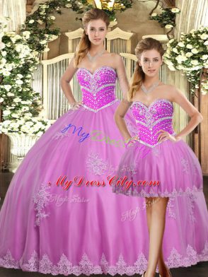 Excellent Sweetheart Sleeveless Sweet 16 Dresses Floor Length Beading and Appliques Lilac Tulle