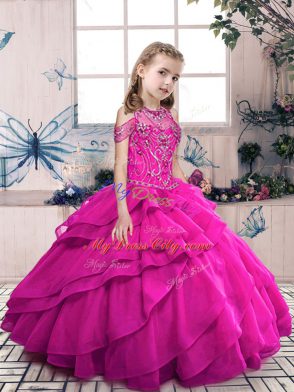 Superior Sleeveless Floor Length Beading and Ruffles Lace Up Pageant Gowns For Girls with Fuchsia