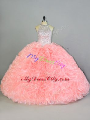 Edgy Beading and Ruffles Ball Gown Prom Dress Peach Lace Up Sleeveless