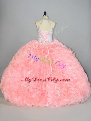 Edgy Beading and Ruffles Ball Gown Prom Dress Peach Lace Up Sleeveless