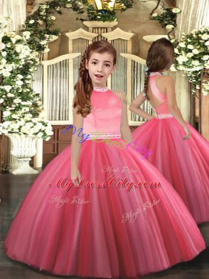 Fantastic High-neck Sleeveless Child Pageant Dress Floor Length Beading Coral Red Tulle