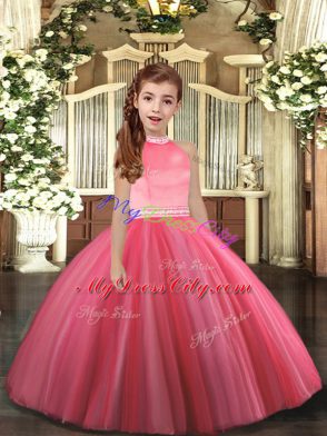 Fantastic High-neck Sleeveless Child Pageant Dress Floor Length Beading Coral Red Tulle